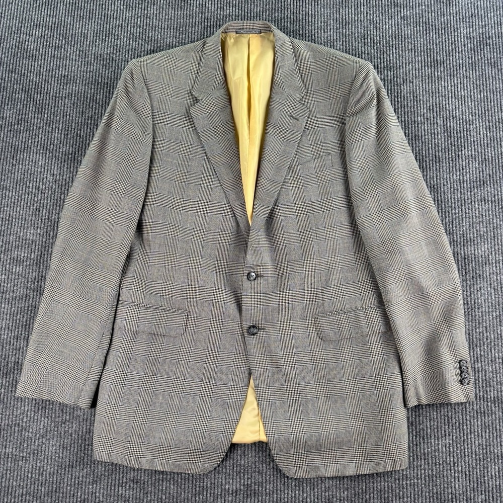 Corneliani Suit Jacket 46 L Beige Black Wool Plaid Premium Luxury Sport Italy